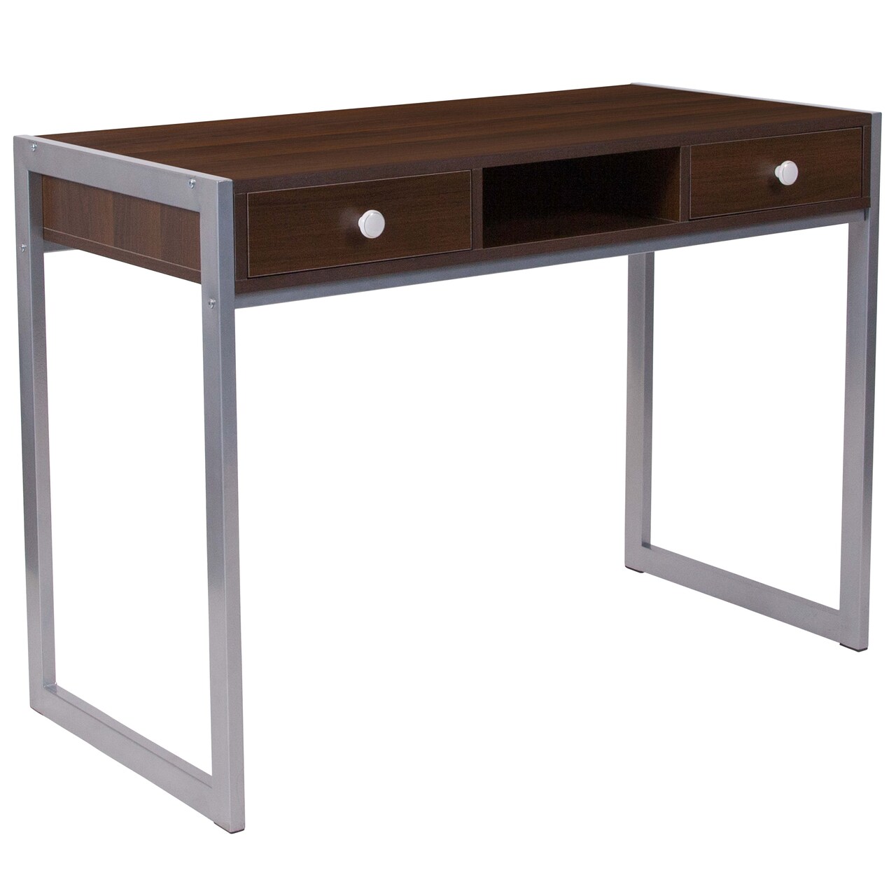 Emma and Oliver Dark Wood Grain Finish Desk with Two Drawers and Silver Metal Frame